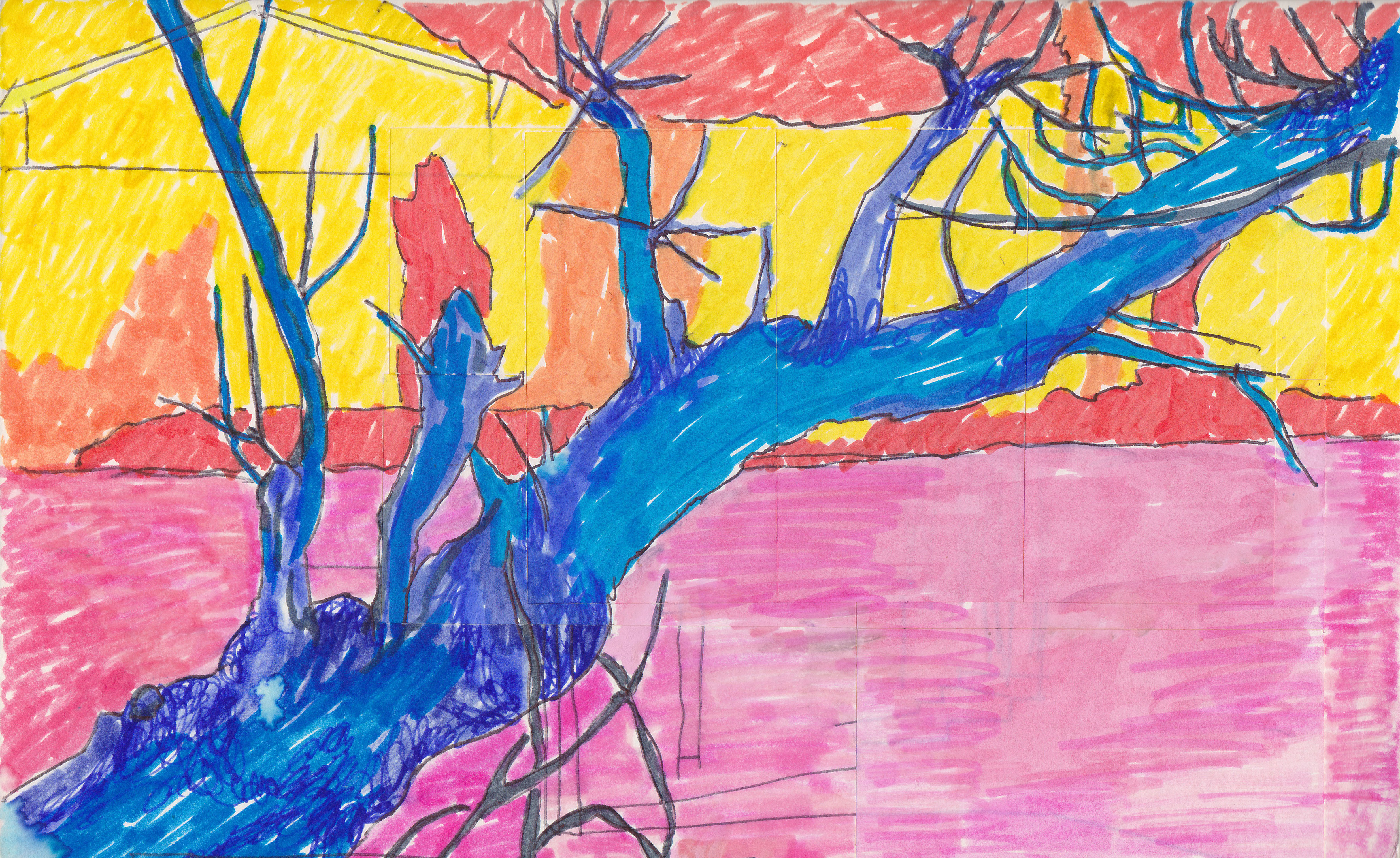 landscape of a winter tree leaning over a pink river
